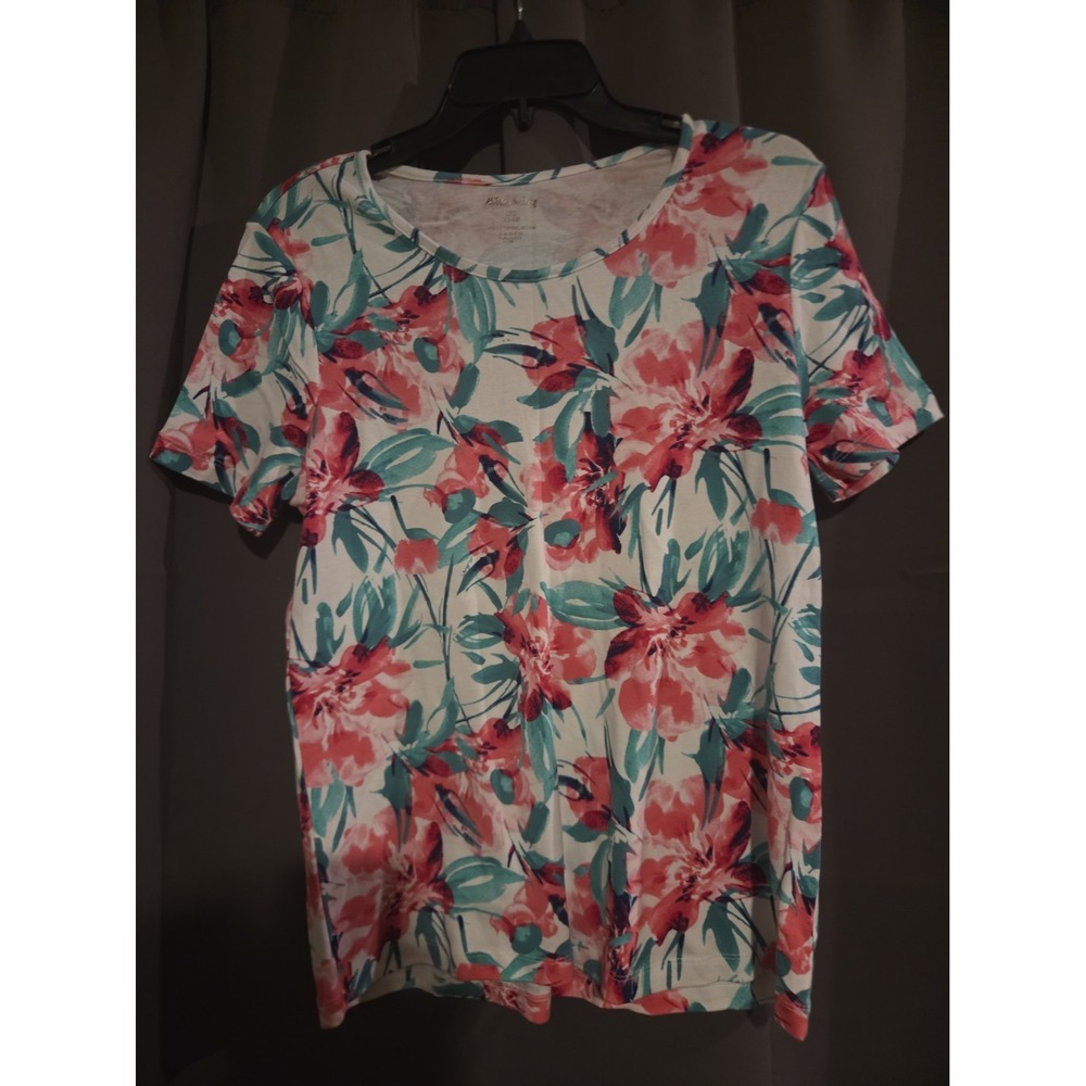 Women's White Stag Floral T Shirt Short Sleeve Tee L Pink Green Tropical